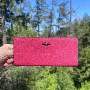 COACH Slim Bifold Wallet PINK Crossgrain Leather with Gold Hardware AUTHENTIC